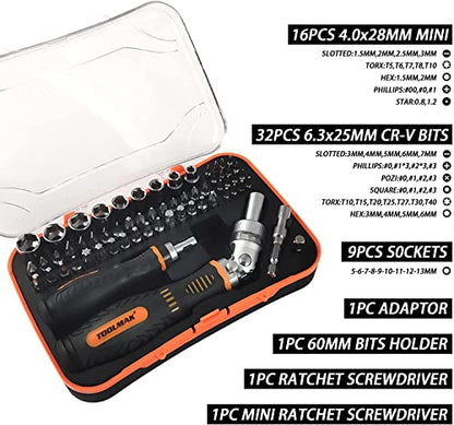 61pcs Ratcheting Screwdriver, Socket & Precision Bit Set | Cr-V Steel, Rotatable Handle, Storage Case Included, Ideal for Bike, Watch & Glasses Repair - style: 61pcs Ratchet Screwdriver