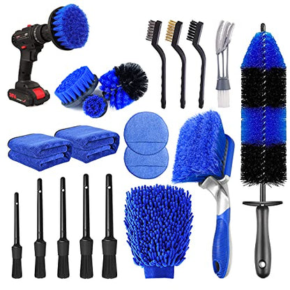 20Pcs Car Wheel Tire Detailing Brush Set,Car Detailing kit,Car Detailing Brushes,Auto Detailing Drill Brush Set,17" Long Handle Rim Wheel Brush,Tire Brush,Car Cleaning Kit for Wheels,Interior,Exterior - size: 20Pcs