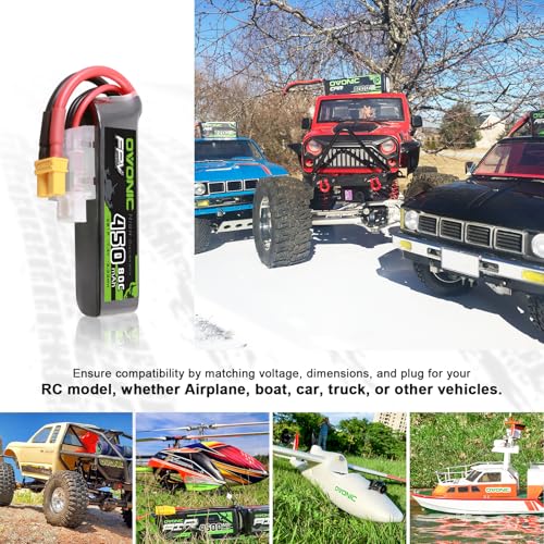 OVONIC 7.4V 80C 450mAh 2S Lipo Battery Long Size with XT30 Plug [1 Package Including 4 Batteries]