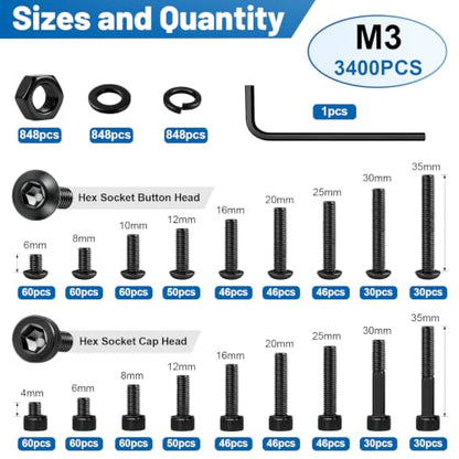 3400PCS M3 Hex Socket Button & Cap Head Screws Kit 12.9 & 10.9 Steel | Black Zinc Plated Machine Bolts and Nuts, Flat & Spring Washer, M3x4/6/8/10/12/16/20/25/30/35mm for DIY Repair 3D Printer - size: G12.9 M3 3400PCS