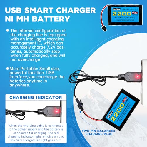 7.2V 2200mah AA NiMH Battery with SM-2P Plug and USB Charging Cable for Huina 1550 550 RC Excavator, Car, Truck, Engineering Vehicle, TR-211 RC Toy Car Battery