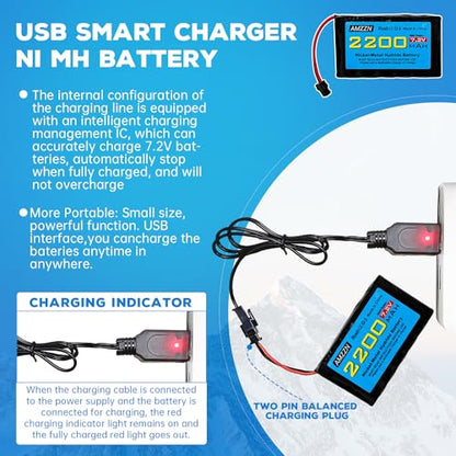 7.2V 2200mah AA NiMH Battery with SM-2P Plug and USB Charging Cable for Huina 1550 550 RC Excavator, Car, Truck, Engineering Vehicle, TR-211 RC Toy Car Battery