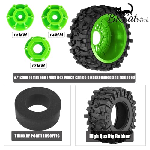 12/14/17mm Hex Hubs RC Truck Tires and Wheels for Slash 2WD 4X4,Arrm a Senton,Axia1,Rc 4wd,Red cat RC Truck,BRCatWPark RC Short Course Truck Wheels and Tires w/Sponge,(4Pcs) Green - color: Green - (12/14/17mm Hex)