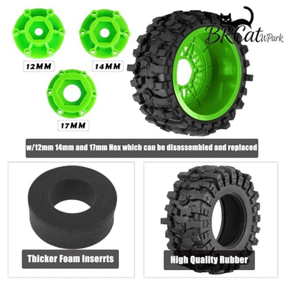 12/14/17mm Hex Hubs RC Truck Tires and Wheels for Slash 2WD 4X4,Arrm a Senton,Axia1,Rc 4wd,Red cat RC Truck,BRCatWPark RC Short Course Truck Wheels and Tires w/Sponge,(4Pcs) Green - color: Green - (12/14/17mm Hex)