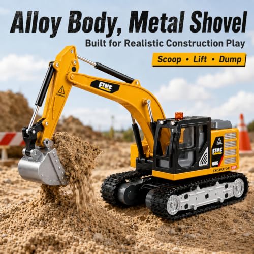 Mini RC Excavator, 1/64 Remote Control Excavator with Lights & Sounds, App & 2.4GHz RC Alloy Rechargeable Construction Vehicle Toy with Lights & Sounds, Gift for Boys Girls Adults - style: RC Excavator