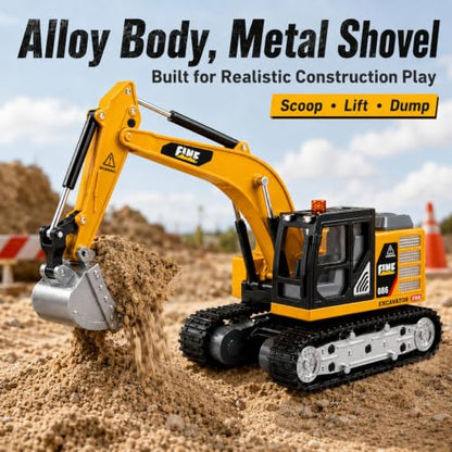 Mini RC Excavator, 1/64 Remote Control Excavator with Lights & Sounds, App & 2.4GHz RC Alloy Rechargeable Construction Vehicle Toy with Lights & Sounds, Gift for Boys Girls Adults - style: RC Excavator