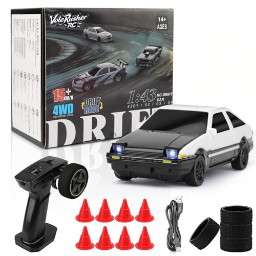 [4WD Edition 1/43 Scale Mini RC Drift Car, High Speed | Racing Mini Drift RC Car, 1/43 RC Drift Car Toys for Kids Ages 8-14, Birthday Gifts for Boys Girls, 2 Tire Sets, 8 Cones - color: White