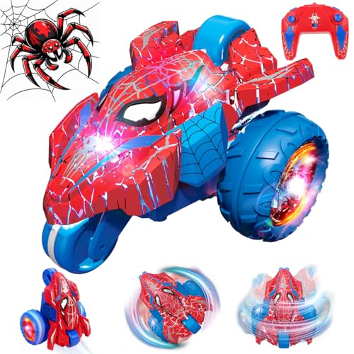 Spider RC Stunt Tricycle for Boys, 3-Wheel Remote Control Motorcycle Car with 360° Rotation & Double-Sided Driving, 2.4GHz Rechargeable LED Stunt RC Car Toy Gift for Kids Ages 3-9 - color: Spider