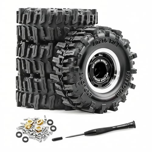 0.7” Wheel & Mud Terrain Tire Set for 1/30 RC Crawler, -1.00mm Offset, Axial SCX30 & Redcat Ascent-32, CNC Aluminum Rims, 5mm Hex, Shims Screwdriver Included, Pre-Assembled, 4 pcs, Black - color: Black, size: Loose-dirt-mud-bite