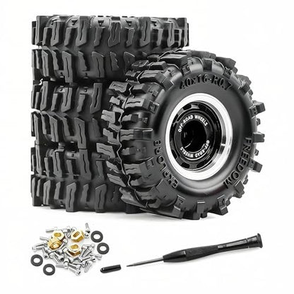 0.7” Wheel & Mud Terrain Tire Set for 1/30 RC Crawler, -1.00mm Offset, Axial SCX30 & Redcat Ascent-32, CNC Aluminum Rims, 5mm Hex, Shims Screwdriver Included, Pre-Assembled, 4 pcs, Black - color: Black, size: Loose-dirt-mud-bite