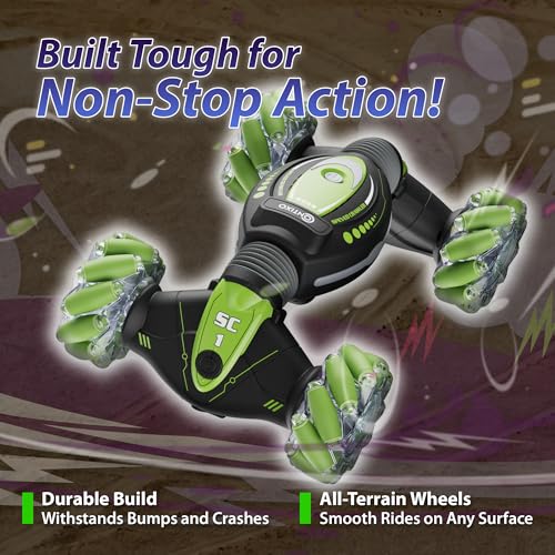 Contixo SC1 Large 1:12 Gesture Control RC Stunt Car for Kids, 4WD Remote Control Car with Hand Motion Sensor, Double-Sided Driving, 360° Rotating Flips, LED Lights, All Terrain RC Car for Boys, Green