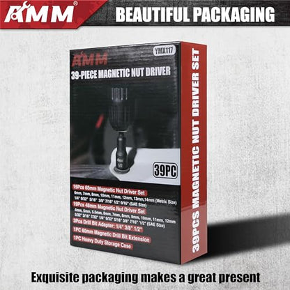 AMM 39PCS Magnetic Nut Driver Set for Impact Drill, Includes Metric & SAE Impact Driver Bit Set, Bit Extension & Drill Bit Adapter | 1/4" Hex Shank | Cr-V Steel - size: 39PC Magnetic Nut Driver Set