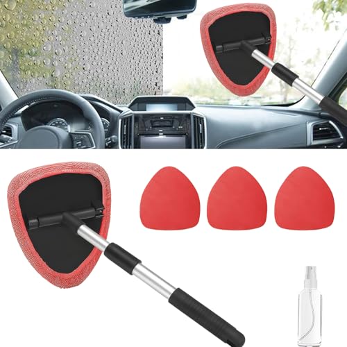 Windshield Cleaning Tool, Car Window Cleaner with Extendable Handle, 4 Microfiber Pads and Spray Bottle, Auto Interior Exterior Glass Wiper Cleaning Kit Universal for RV, SUV, Truck (Red) - color: Red
