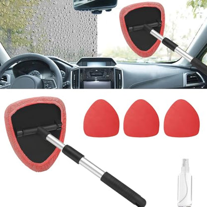 Windshield Cleaning Tool, Car Window Cleaner with Extendable Handle, 4 Microfiber Pads and Spray Bottle, Auto Interior Exterior Glass Wiper Cleaning Kit Universal for RV, SUV, Truck (Red) - color: Red
