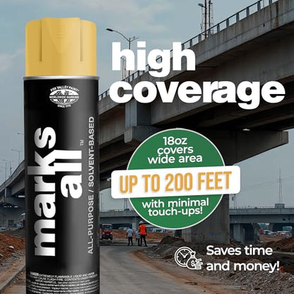 Fox Valley 18oz Marks All Solvent-Based Marking Paint Spray, 12-Pack Yellow APWA – Long-Lasting, Weather-Resistant Spray Paint for Wet or Dry Surfaces Like Metal, Grass, Concrete, Wood, & More - color: Yellow APWA