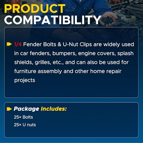 50PCS 1/4 Body Bolts & U-Nut Clips Kit for Fender Bumper Engine Cover Splash Shield Fastener Retainer Clips, Automotive Universal Screws Black(25 Sets)