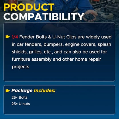 50PCS 1/4 Body Bolts & U-Nut Clips Kit for Fender Bumper Engine Cover Splash Shield Fastener Retainer Clips, Automotive Universal Screws Black(25 Sets)