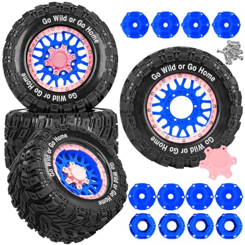 RC Truck Tires Wheel for 1/10 Big Rock Granite Vortek 3s / Stampede Rustler RC Car,4-Pack RC Wheels Tires Plastic Wheels w/12mm/14mm/17mm Replaceable Hex,Blue-Pink - color: Blue-pink- (Rc Tires Wheel)