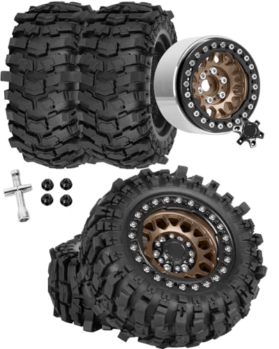 1.9 Beadlock Wheel & Tire Set, 88x36mm Rubber Crawler Tires Aluminum Alloy 1.9 Inch Beadlock Rims Compatible with 1/12 M-J-X H12Y H12Y+ H12P, MN-128 RC Climbing Car,Brown w/Black - color: Brown W/Black