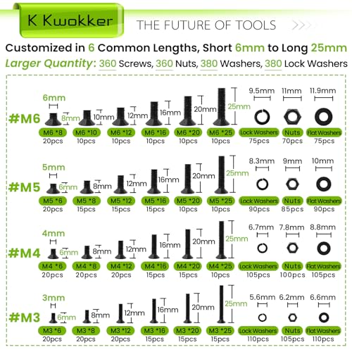 M3 M4 M5 M6 Nuts and Bolts Assortment Kit, Hex Socket Flat Head 24 Size 6-25mm Metric Bolt Assortment, Upgraded Zinc Plated Screw Set Machine Screws, Bolts and Nuts Kit w/Washers, 1485Pcs - size: F. M3 M4 M5 M6