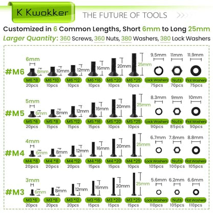 M3 M4 M5 M6 Nuts and Bolts Assortment Kit, Hex Socket Flat Head 24 Size 6-25mm Metric Bolt Assortment, Upgraded Zinc Plated Screw Set Machine Screws, Bolts and Nuts Kit w/Washers, 1485Pcs - size: F. M3 M4 M5 M6