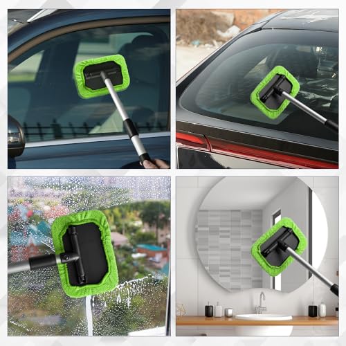 Windshield Cleaning Tool, Car Window Cleaner, Vehicle Window Cleaner with Extendable Handle & 2 Washable Microfiber Pads, Car Interior Glass Wiper Cleaning Kit for Most Vehicles (Green) - color: Green