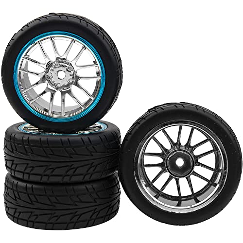 4Pcs 2.59in Rubber Tires & 12mm Hex Plastic Wheel Rims Set 14-Spoke w/Foam Compatible with Traxxas Kyosho HPI Tamiya Associated 1/10 RC On-Road Touring Car (Blue) - color: Blue
