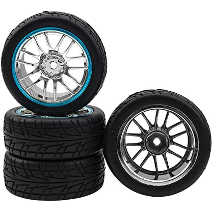 4Pcs 2.59in Rubber Tires & 12mm Hex Plastic Wheel Rims Set 14-Spoke w/Foam Compatible with Traxxas Kyosho HPI Tamiya Associated 1/10 RC On-Road Touring Car (Blue) - color: Blue