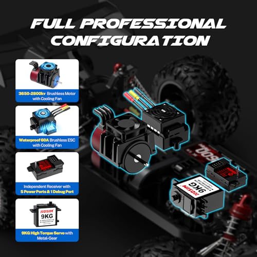 Hosim Mini 1:8 45+ MPH Fast Brushless RC Cars for Adults with 3S Battery | All Terrain Adult RC Trucks, 3650 Brushless Motor (2800KV) 60A ESC, Central Transmission, Two 3S 11.1V 2600mAh Lipo