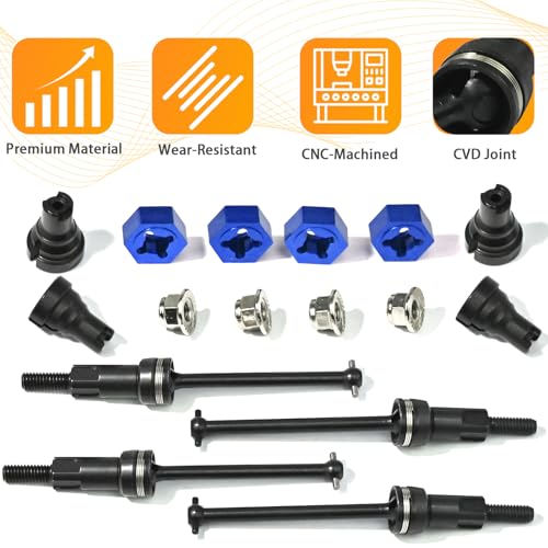 Hardened Steel CVD Drive Shafts Set with Adapters, Nuts, Center Drive Cups, Front Rear Dogbone Driveshaft Axles Upgrades Part for 1/16 Mojave Grom ARA2304, ARA2304S, ARA2104 (Black,Blue) - color: Black-blue