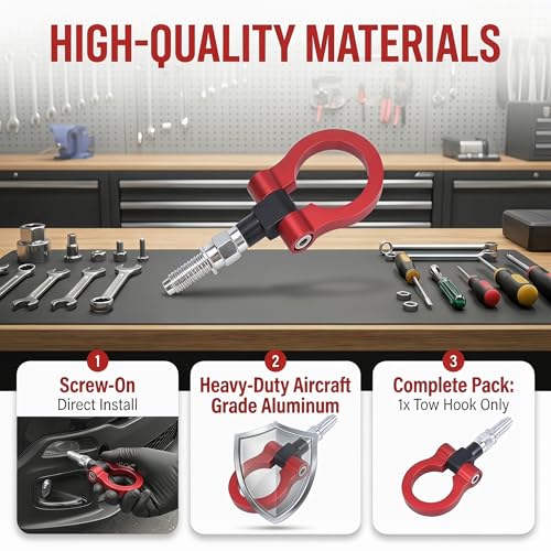 Car Front Bumper Tow Hook, Rustproof Aluminum Alloy Track Racing Style Tow Hook Ring, European Thread Screw-On Trailer Ring Eye Tows Hooks Kit, Universal Towing Trailer Puller for Cars(Red)