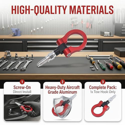 Car Front Bumper Tow Hook, Rustproof Aluminum Alloy Track Racing Style Tow Hook Ring, European Thread Screw-On Trailer Ring Eye Tows Hooks Kit, Universal Towing Trailer Puller for Cars(Red)
