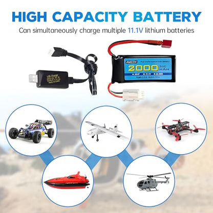 3S Lipo Battery 11.1V 2000mAh 35C with T-Plug and USB Charging Cable for RC Cars,Trucks,RC Ships,RC Drones,Quadcopters,FPV UAV Batteries (1PCS Battery+1 USB)