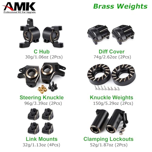 440g SCX10 II Brass Weights Set Diff Cover Steering Knuckles C Hub Link Mounts Clamping Lockouts with Wheel Counterweights for 1/10 RC Crawler AR44 Axial SCX10 Upgrades