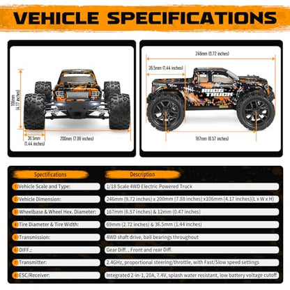 HAIBOXING 18859 1:18 Scale RC Monster Truck 36km/h Speed, 4X4 Off Road Cars | Remote Control Waterproof Electric Powered RC Cars, All Terrain Toys Vehicles with 2 Batteries, Xmas Gifts for Kid and Adults - style: 1/18 Truck