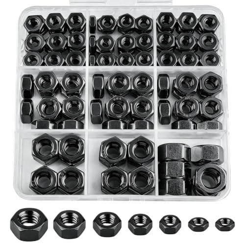 SAE Black Hex Nuts, 178 Pack A2-70 Inch Coarse Thread Hardware Nuts | #6-32 #8-32 #10-24 1/4"-20 5/16"-18 3/8"-16 Sizes, Black Zinc Plated, Rust Resistant for Auto & Machinery Repair - color: Black, size: SAE