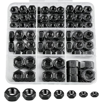 SAE Black Hex Nuts, 178 Pack A2-70 Inch Coarse Thread Hardware Nuts | #6-32 #8-32 #10-24 1/4"-20 5/16"-18 3/8"-16 Sizes, Black Zinc Plated, Rust Resistant for Auto & Machinery Repair - color: Black, size: SAE
