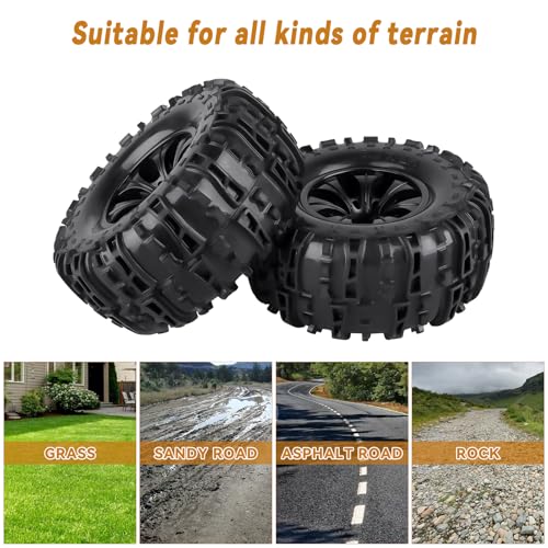 Pre-Glued Huge OD 6.3"(160mm) 1/10 RC Truck Tires and Wheels Set 2.8 RC Tires 12mm Hex for Traxxas Rustler Hoss Stampede 4x4 & 2WD Redcat Blackout 1/10 Scale RC Monster Truck Replacement