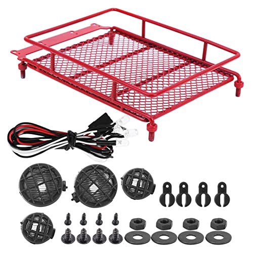 Metal Roof Rack, Durable Metal Construction with Bright LED Light RC Crawler Accessories for Off-Road Adventures Simulation Luggage Carrier for RC Enthusiasts and Hobbyists - color: Red