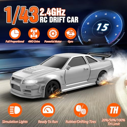RC Drift car, 1/43 Mini Rc Drift car with Gyroscope, 2.4GHz Full Proportional Remote control Cars, 4WD High Speed Racing with Lights, Racing Tires, Model Cars Gift for Adults, Kids, Boys, Girls - color: Grey