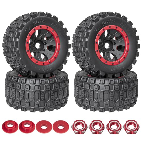 LRFHL 1/5 RC Monster Truck Tires 4PCS, Red | 24mm Hex Wheels MX43 RC Tires for Traxxas 1/5 X-MAXX 8S Arrma 1/5 Kraton 8S 1/5 Outcast 8S - color: Red