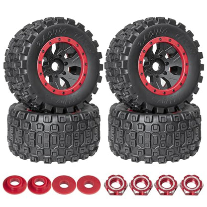 LRFHL 1/5 RC Monster Truck Tires 4PCS, Red | 24mm Hex Wheels MX43 RC Tires for Traxxas 1/5 X-MAXX 8S Arrma 1/5 Kraton 8S 1/5 Outcast 8S - color: Red