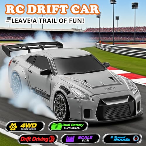 RC Drift Car, 1:24 Scale Remote Control Vehicle with LED Lights,Drifting Tires＆Two Batteries, Racing Sports Toy Idea Gift for Adults Boys Girls and Kids Galactic Silver - color: Galactic Silver