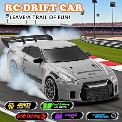 RC Drift Car, 1:24 Scale Remote Control Vehicle with LED Lights,Drifting Tires＆Two Batteries, Racing Sports Toy Idea Gift for Adults Boys Girls and Kids Galactic Silver - color: Galactic Silver