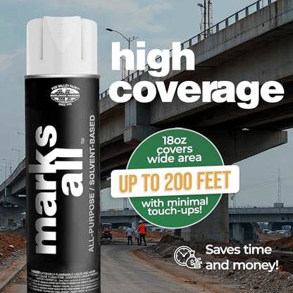 Fox Valley 18oz Marks All Solvent-Based Marking Paint Spray, 12-Pack White – Long-Lasting, Weather-Resistant Spray Paint for Wet or Dry Surfaces Like Metal, Grass, Concrete, Wood, & More - color: White