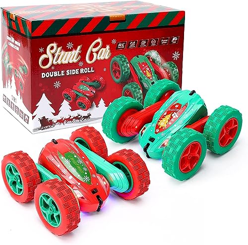 2Pcs Christmas Style RC Stunt Car for Kids,2.4Ghz High Speed Rock Crawler Vehicle,360 Rotating 4WD Off Road Double Sided Rotating Tumbling with 4 Rechargeable Battery，Red+Green