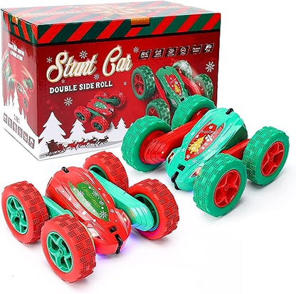 2Pcs Christmas Style RC Stunt Car for Kids,2.4Ghz High Speed Rock Crawler Vehicle,360 Rotating 4WD Off Road Double Sided Rotating Tumbling with 4 Rechargeable Battery，Red+Green