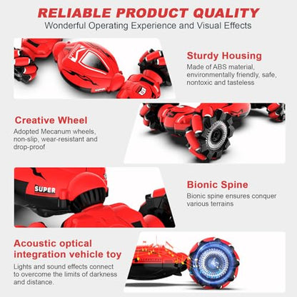Fosgoit RC Car Toys for Boys Girls 6-12, Birthday Xmas Gifts for 6 7 8 9 10 11 12 Years Old, Gesture Sensing RC Stunt Car with Lights Music 2.4GHz 4WD Hand Remote Control 360° Rotate All-Round Drift - color: Red-black