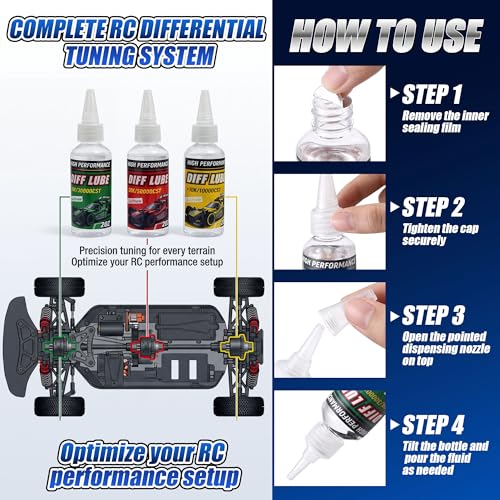 3 Bottles RC Differential Oil Kit 10K 30K 50K cSt 2OZ Silicone RC Diff Fluid Set for Sealed Differentials, High Viscosity Car Differential Oil for 1/10&1/8 Scale R/C Cars, Trucks,Buggies(1 Pack,60 ml)