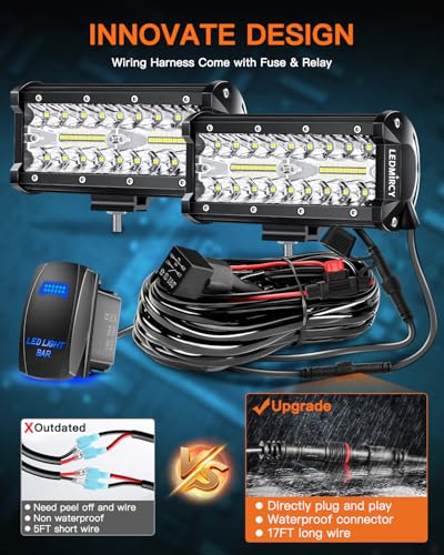 LED Light Bar,LEDMIRCY 7" LED Pod Lights with Rocker Switch Wiring Harness | White Spot Flood Combo Beam Triple Rows White Off Road Lights(2PCS) for Truck ATV SUV UTV Boat IP68 Waterproof